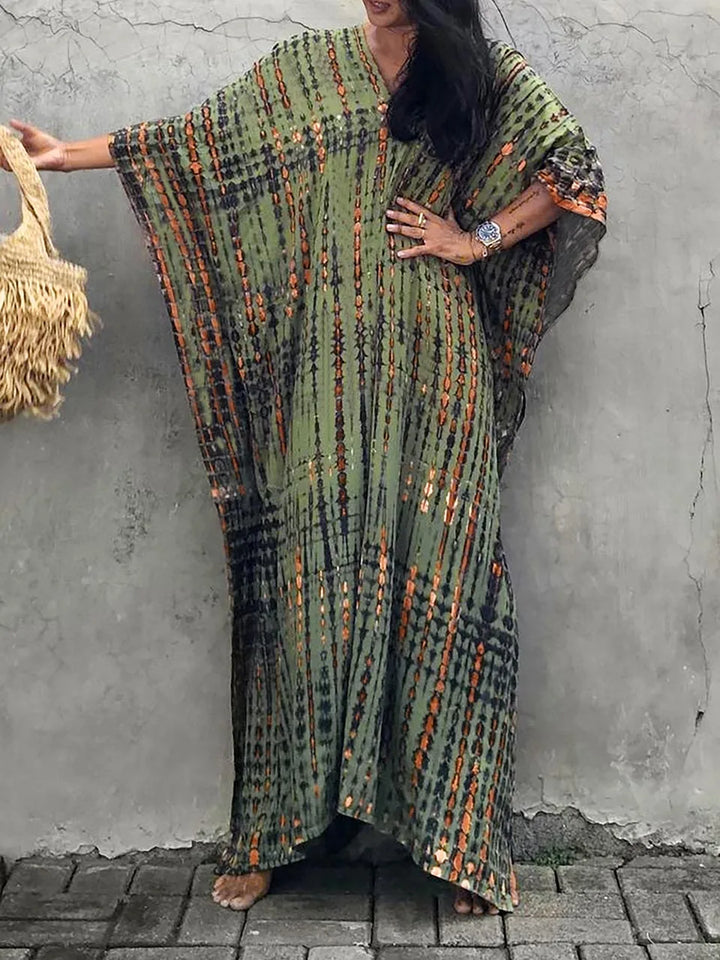 Summer printed caftan maxi dress, Janne style, for women's casual and bohemian fashion.