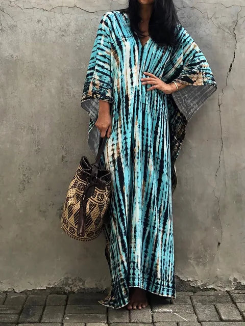 Women's summer vacation dress, Janne caftan maxi with a printed design.