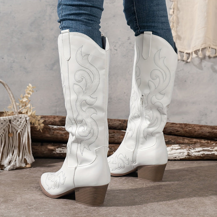 Women's knee-high cowboy boots with block heel in classic brown leather, embroidered western style.