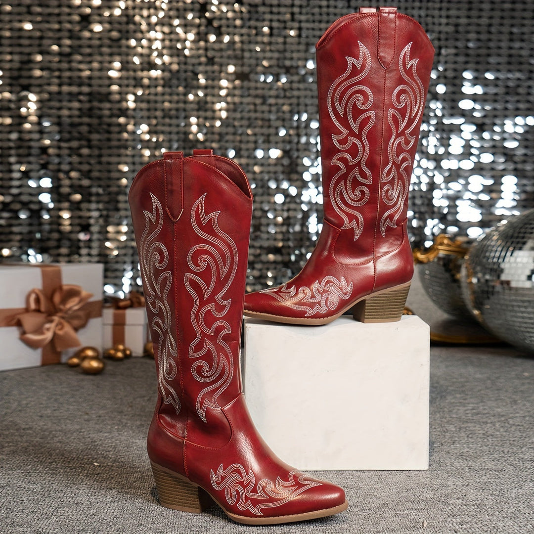 Women's embroidered knee-high cowboy boots, classic brown, western flair, comfortable block heel.