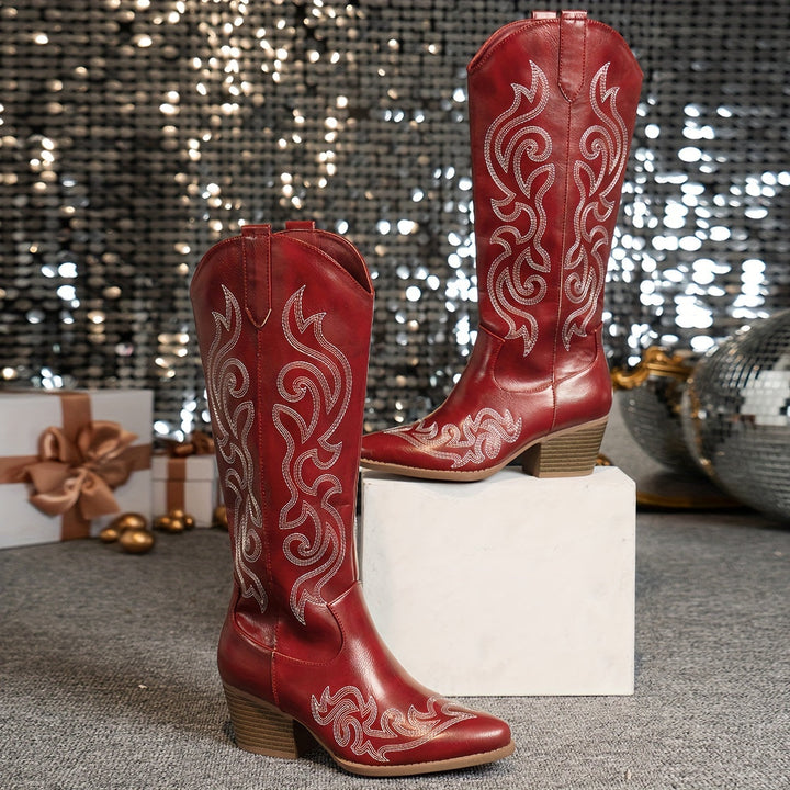Women's embroidered knee-high cowboy boots, classic brown, western flair, comfortable block heel.