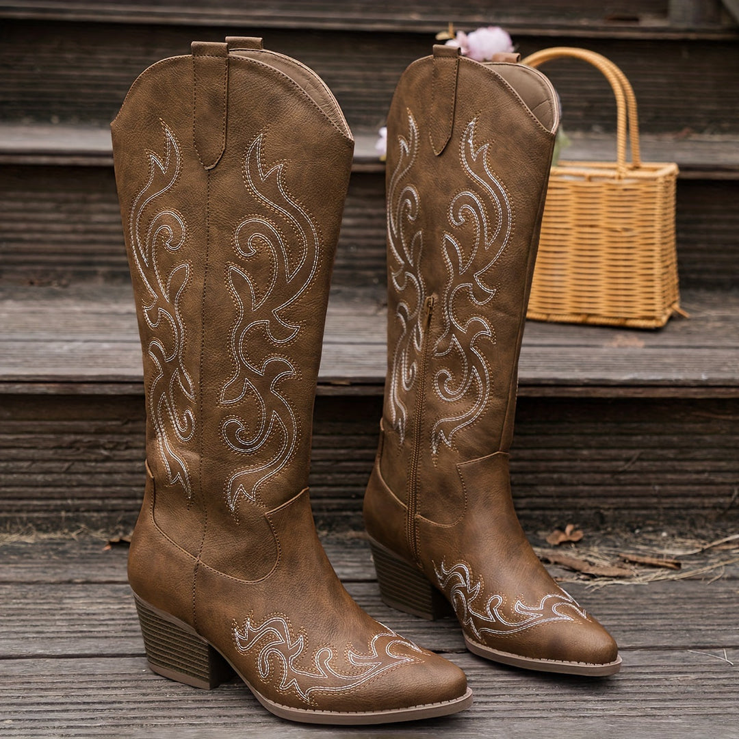 Classic women's knee-high cowboy boots, rich brown leather, sturdy block heel for comfort & style.