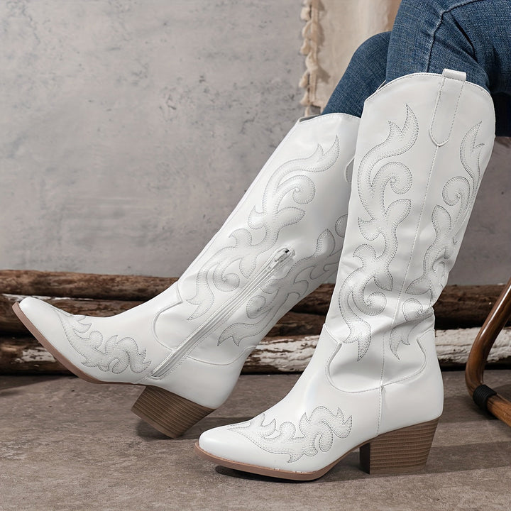 Elegant knee-high western boots for women, comfortable block heel, perfect blend of fashion & country.