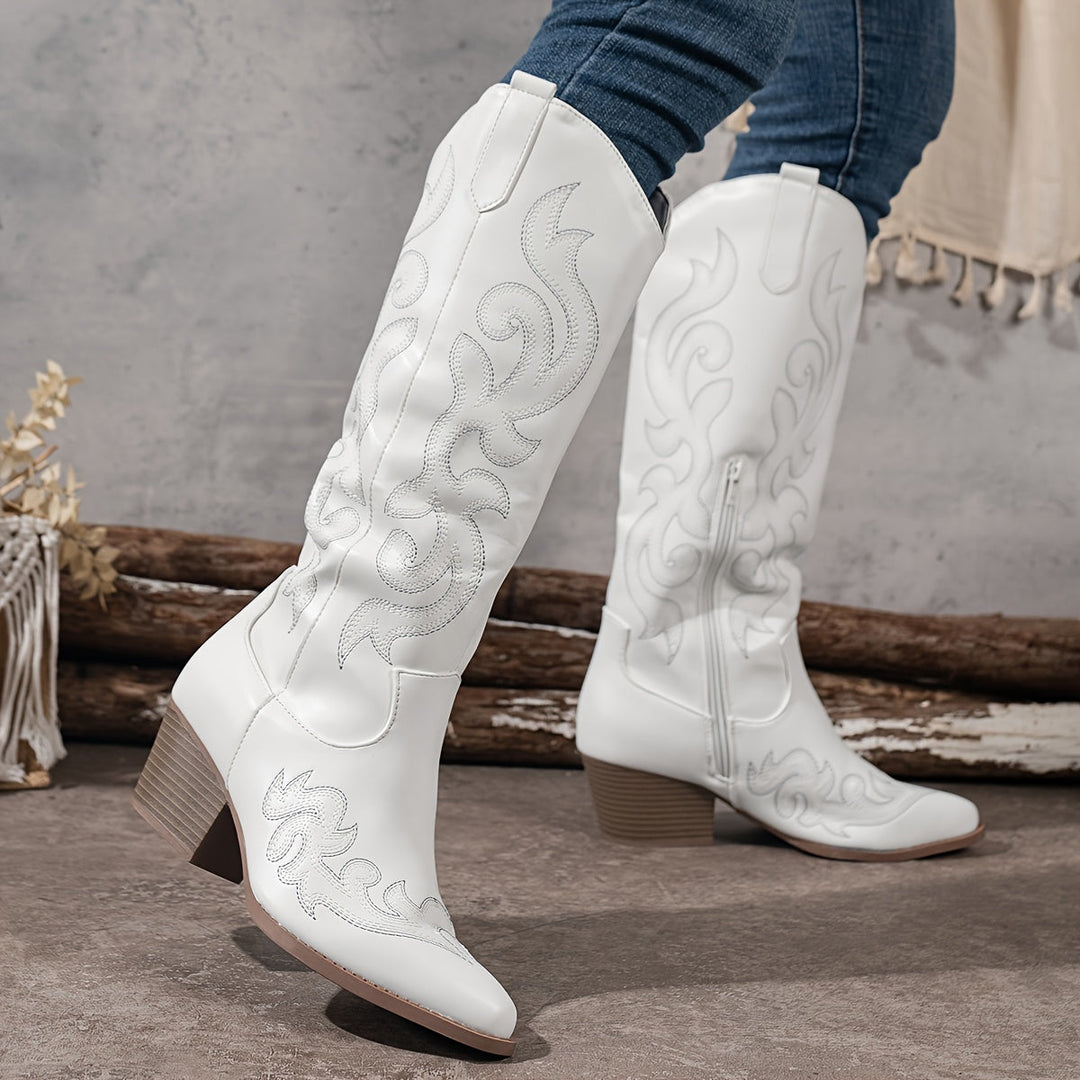 Front view of women's knee-high western boots, classic brown, prominent block heel.
