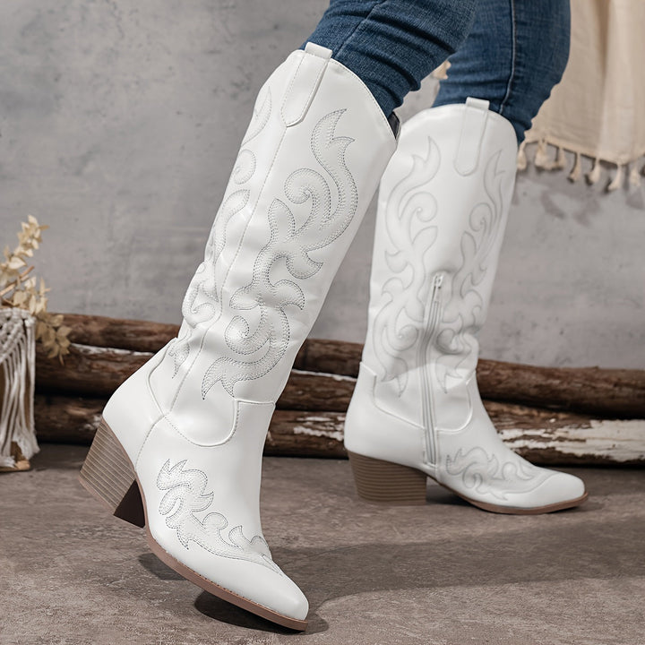Front view of women's knee-high western boots, classic brown, prominent block heel.