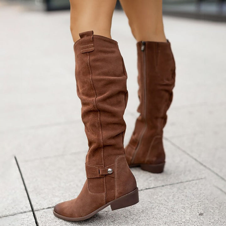 Women's knee-high riding boots with side zip & buckle closures, equestrian style, black leather