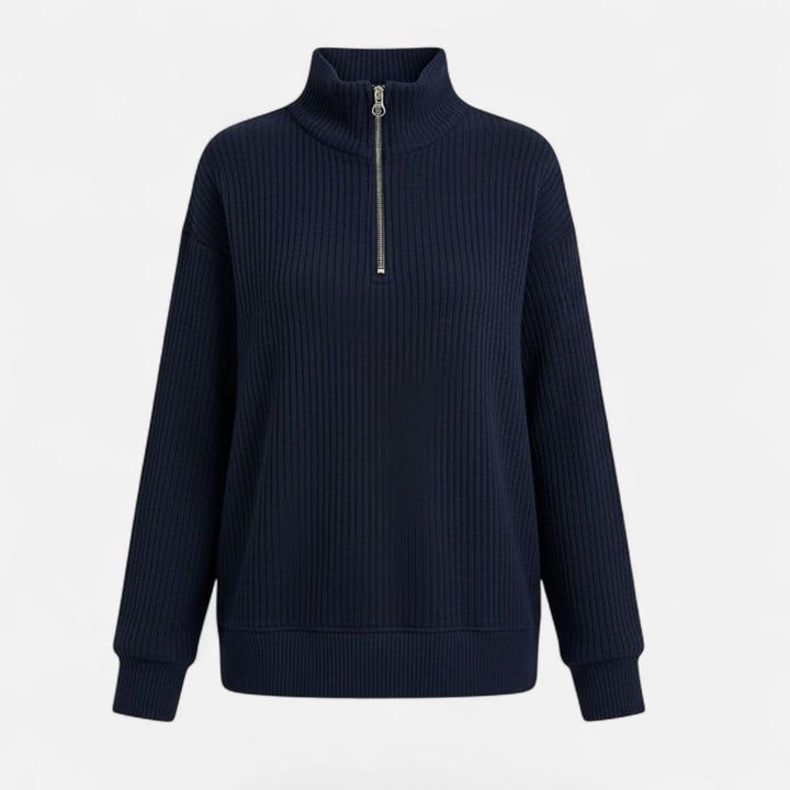 Detailed view of the knit texture on a women's sweater with a stand-collar zipper.