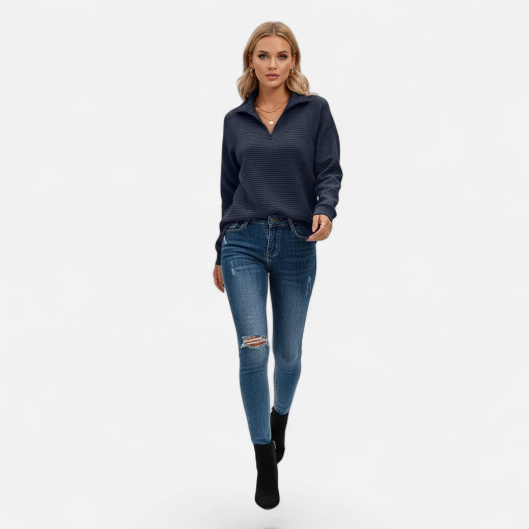 Women's versatile zipper knit sweater, perfect for layering during fall and spring.