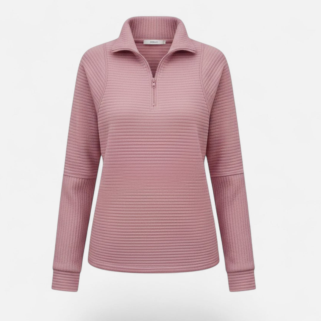 Women's cozy knit sweater featuring a stylish stand-collar and a practical zipper.