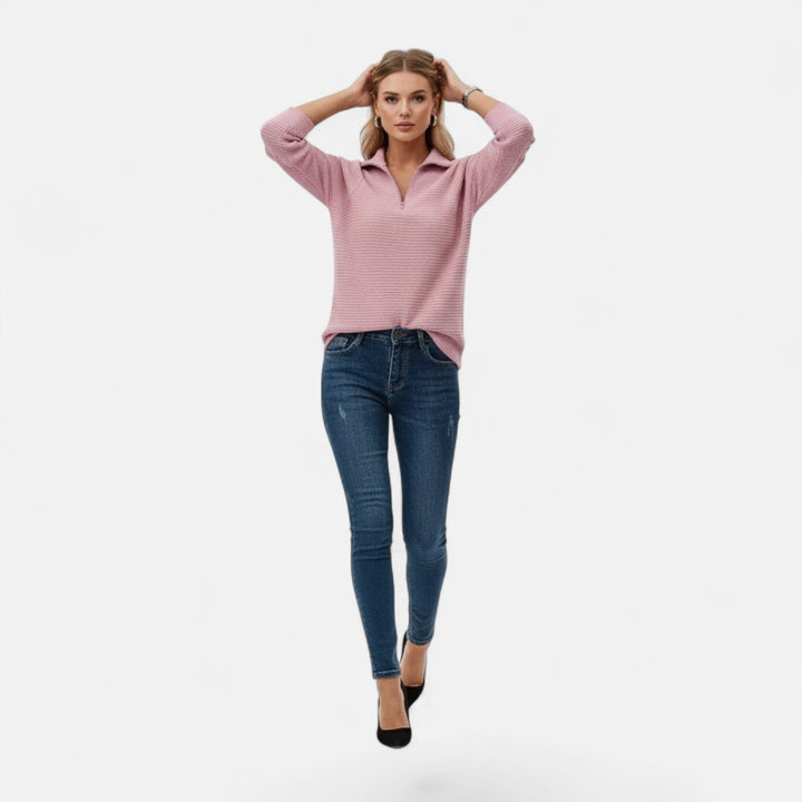 Everyday women's fall fashion knit sweater with a versatile zipper stand-collar.