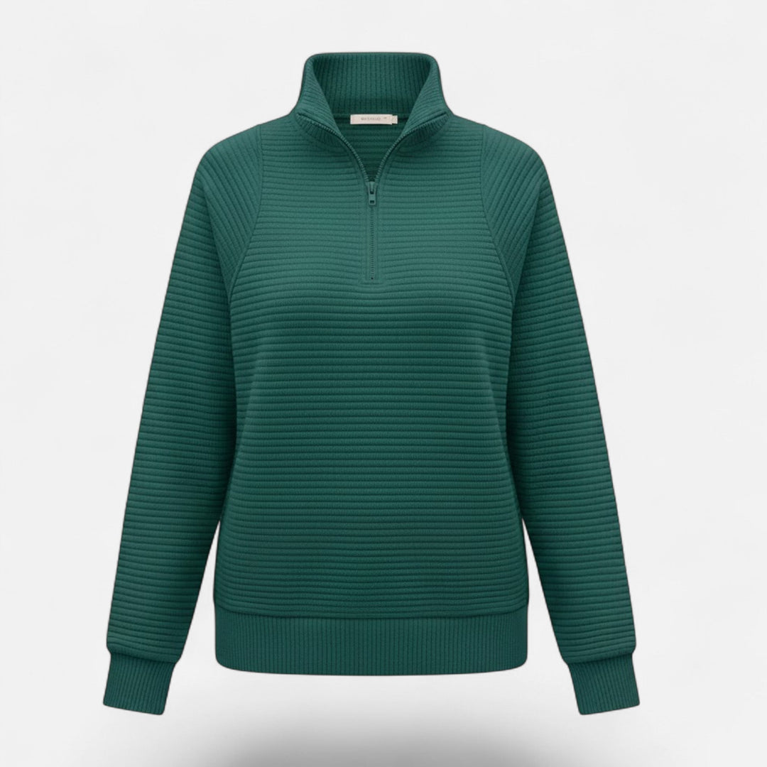 Women's long-sleeve knit sweater with a comfy stand-collar and easy-zip front.