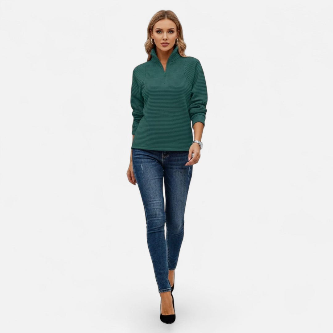 Professional women's knit sweater with a stand-collar and zipper, suitable for office.