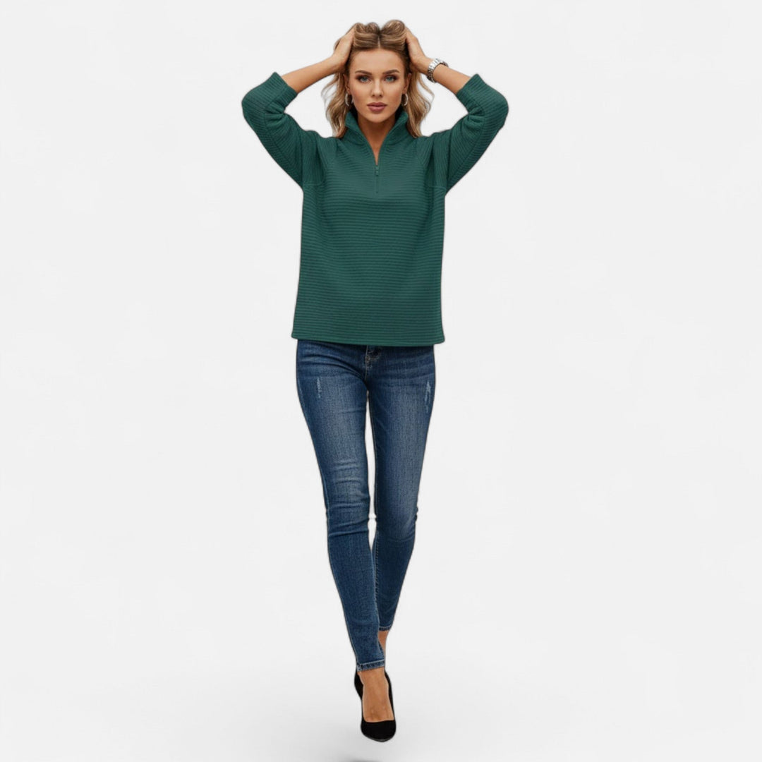 Women's casual fit knit sweater with a versatile zipper stand-collar for daily outfits.