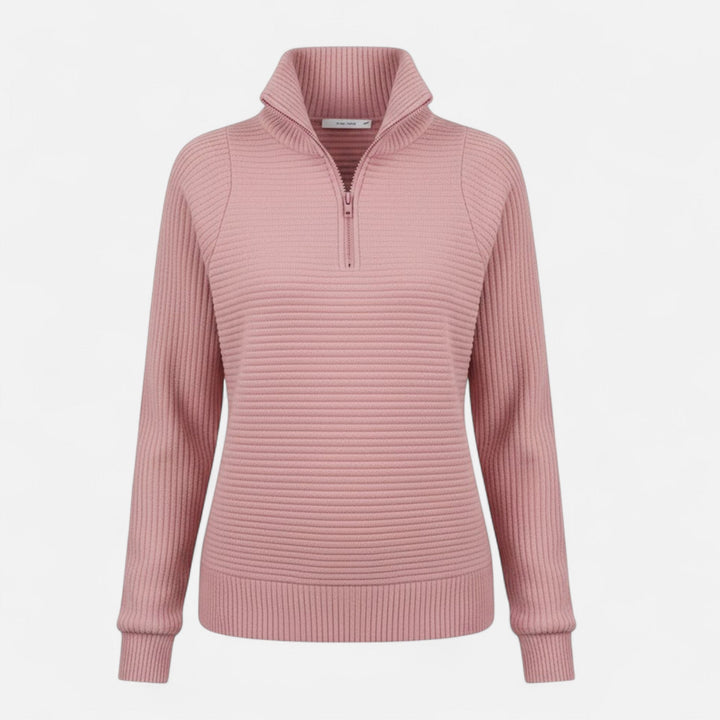 Stylish women's pullover knit sweater in a rich color, with stand-collar & zipper.
