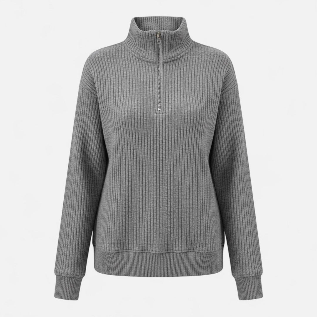 Full-length view of a women's versatile knit sweater with a zipper stand-collar.