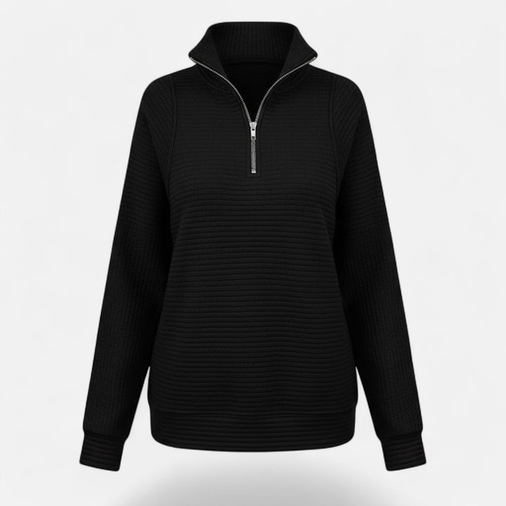 Everyday women's pullover knit sweater with a trendy zipper stand-collar.