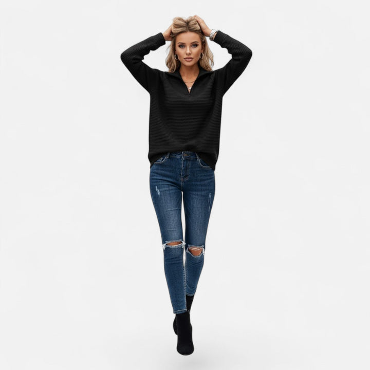 Comfy women's zipper knit sweater with a stand-collar, great for spring and fall.