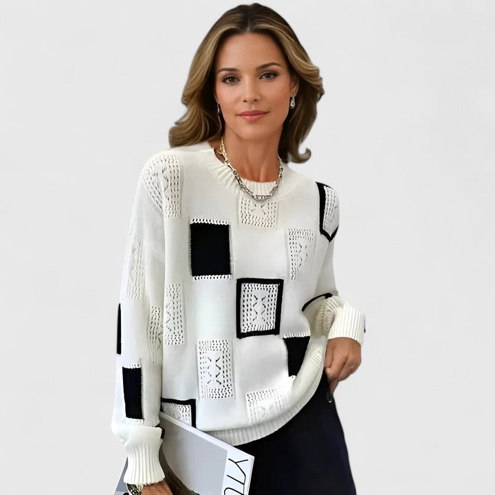 Women's knitted openwork round neck sweater, elegant and casual winter fashion