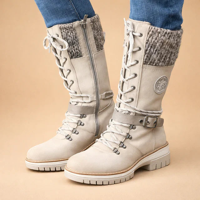 Women's lace-up mid-calf winter boots with cozy knit collar. Perfect for outdoor casual wear & comfort.