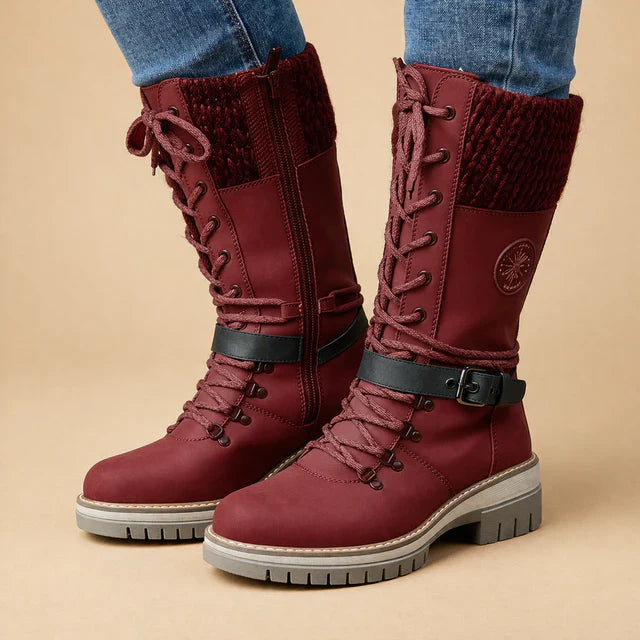 Versatile women's mid-calf lace-up winter boots with knit collar. Comfortable & fashionable for outdoor adventures.