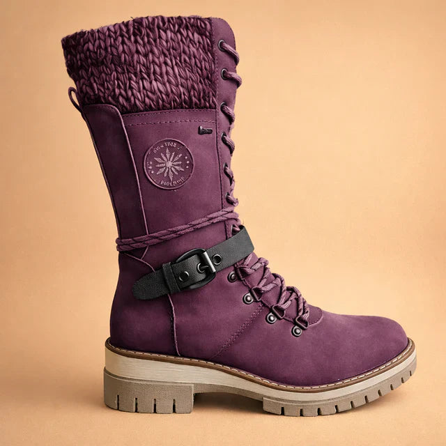 Comfortable women's lace-up mid-calf winter boots. Soft knit collar & sturdy design for warm, versatile cold-weather wear.