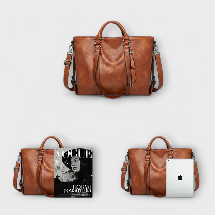 Close-up of a women's large leather tote showcasing the quality material and craftsmanship of the purse.