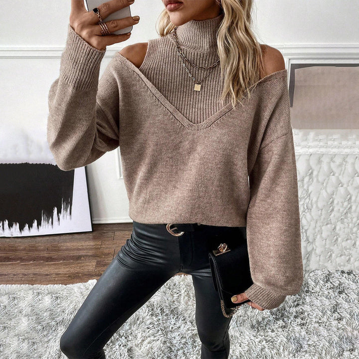 Women's layered cold shoulder turtleneck sweater in knit fabric, perfect for spring casual wear.