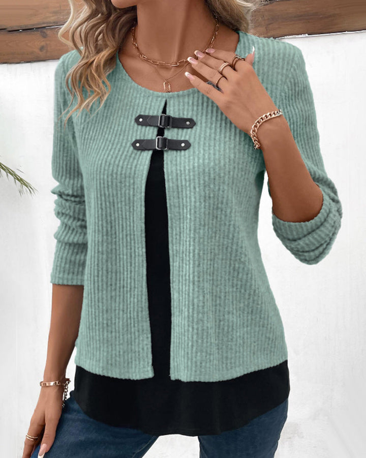 Stylish women's casual top, long sleeve & layered. Comfortable color block patchwork design, perfect for everyday fashion.