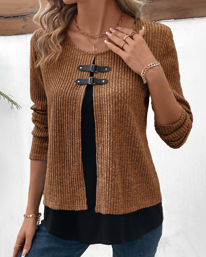 Patchwork color block women's long sleeve top, layered design. A fashionable & comfortable round neck top for casual wear.