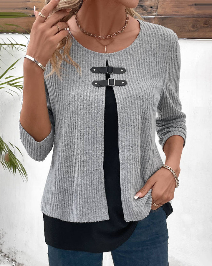 Comfortable women's layered long sleeve top. Features color block patchwork, a stylish everyday top for casual fashion.
