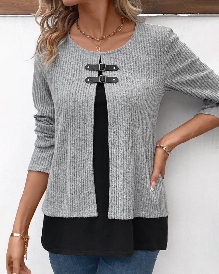 Long sleeve women's layered top with color block patchwork design. Casual & fashionable round neck style for daily wear.