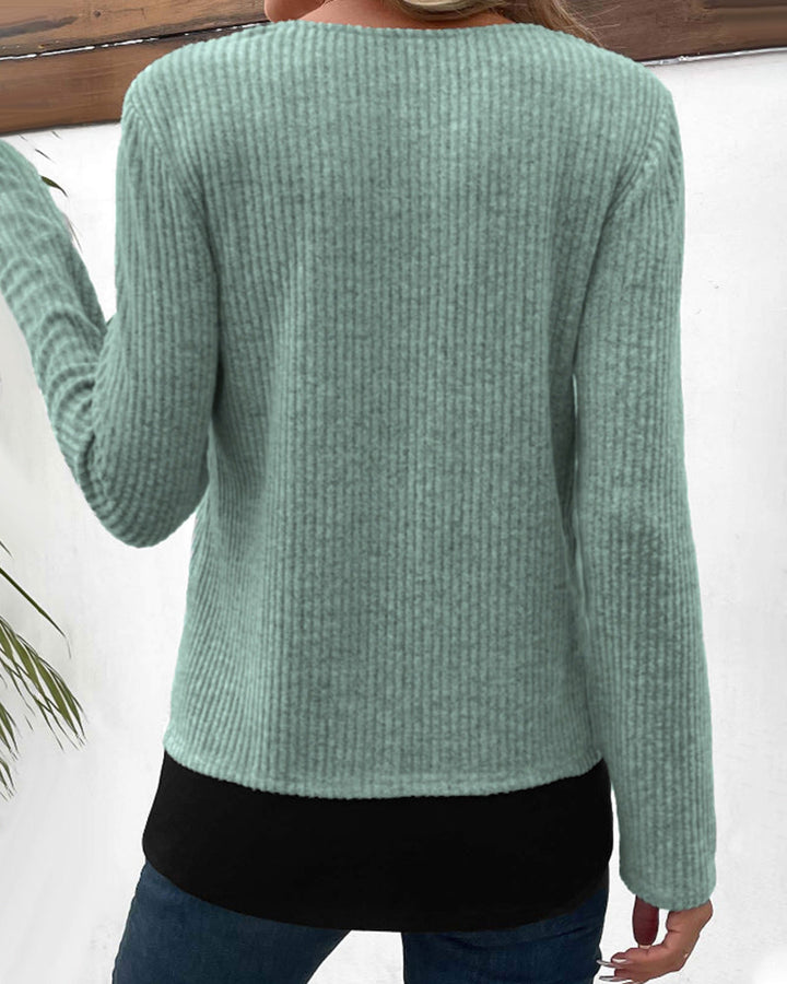 Unique color block patchwork women's long sleeve top, layered for a chic casual look. Comfortable & stylish everyday wear.
