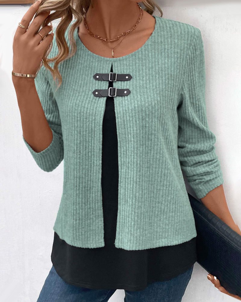 Women's round neck long sleeve top, layered color block patchwork. A comfortable & stylish everyday top for casual fashion.