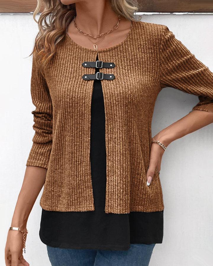 Fashionable women's layered long sleeve top, color block patchwork. Comfortable everyday top with a stylish casual design.