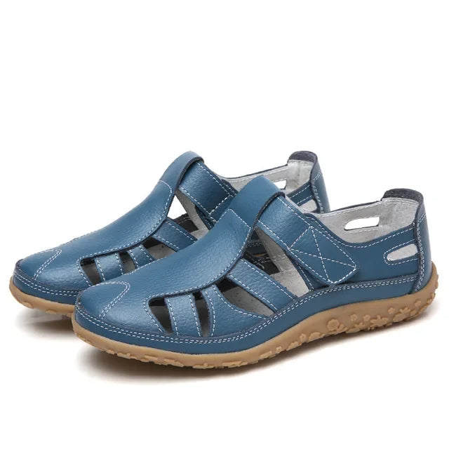 Women's leather comfort sandals with adjustable Velcro straps, ideal for summer walking & everyday wear.