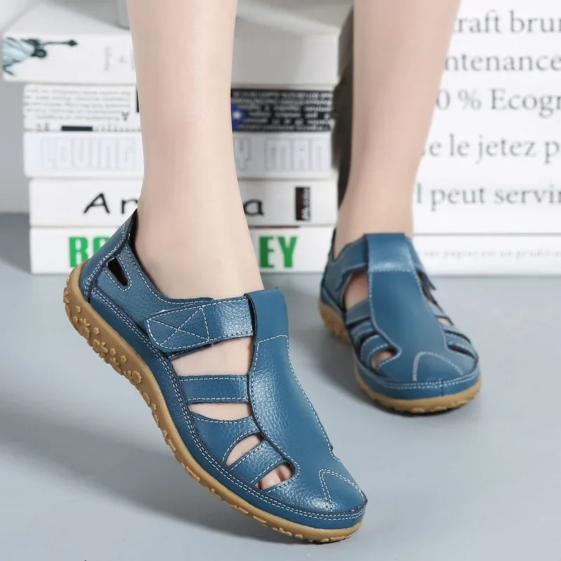 Adjustable women's Velcro sandals in leather, ensuring a custom, comfortable fit for walking & casual wear.