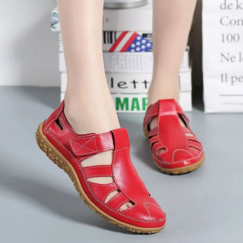 Top view: Women's open-toe leather sandals with adjustable Velcro closures, offering supreme comfort for summer.