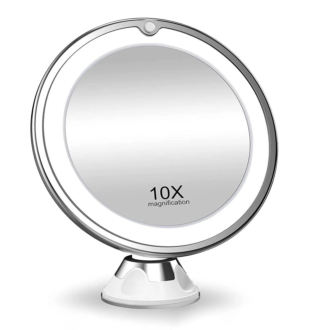 Women's LED magnifying makeup mirror with 10x zoom, adjustable arm, and suction cup for detailed beauty application.