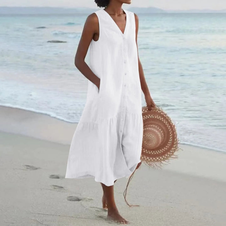 Women's Lena Summer V-Neck Button-Front Midi Dress in flowing fabric, ideal for vacation or casual wear.