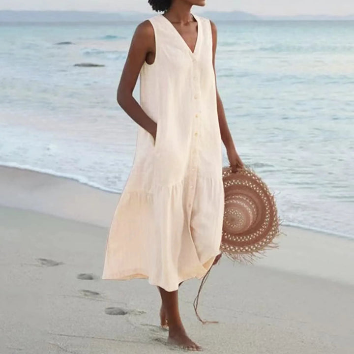 Elegant women's Lena midi dress with V-neckline and full button-front, perfect summer beachwear.