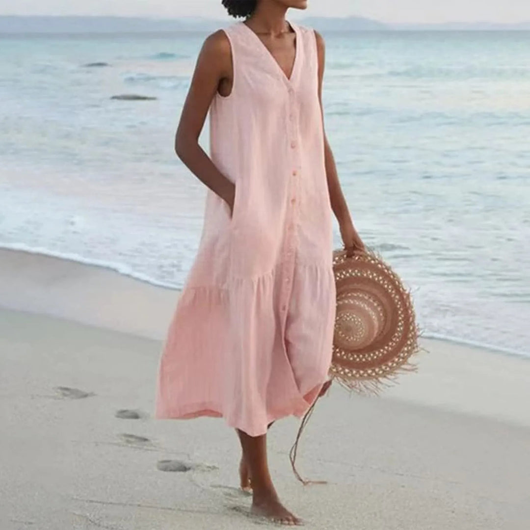 Casual flowy Lena summer V-neck midi dress for women, featuring a stylish button-front design.