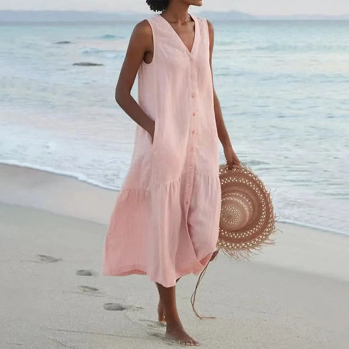 Casual flowy Lena summer V-neck midi dress for women, featuring a stylish button-front design.