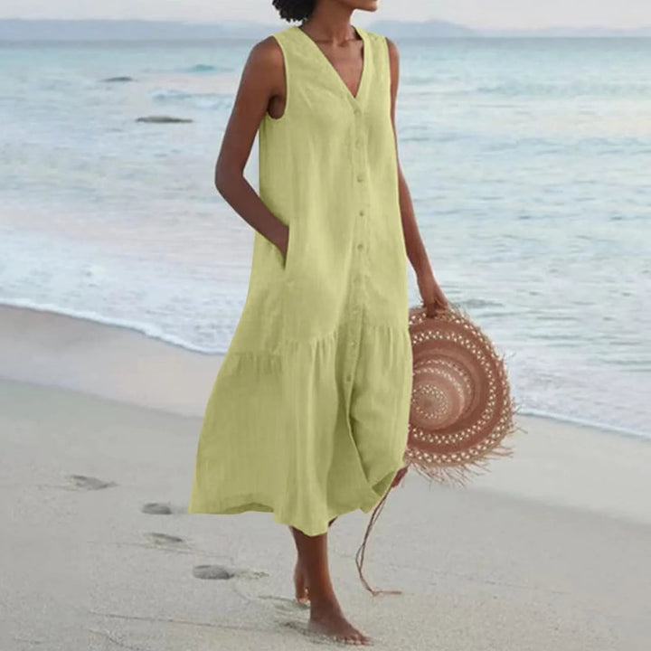 Women's Lena vacation midi dress, V-neck, button-front, and elegant flowy silhouette for summer.