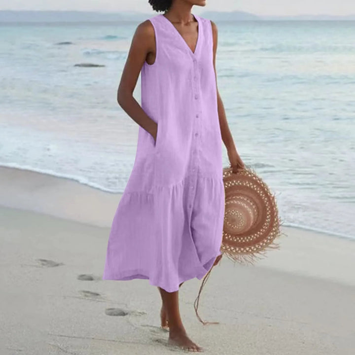 Flowy Lena mididress for women, V-neck, button-front, a versatile and elegant summer style.