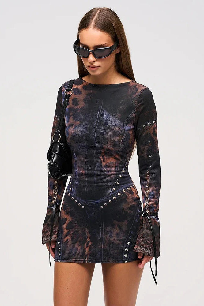 Women's leopard gradient gothic mini dress, long sleeve, bodycon fit. Perfect edgy party wear.