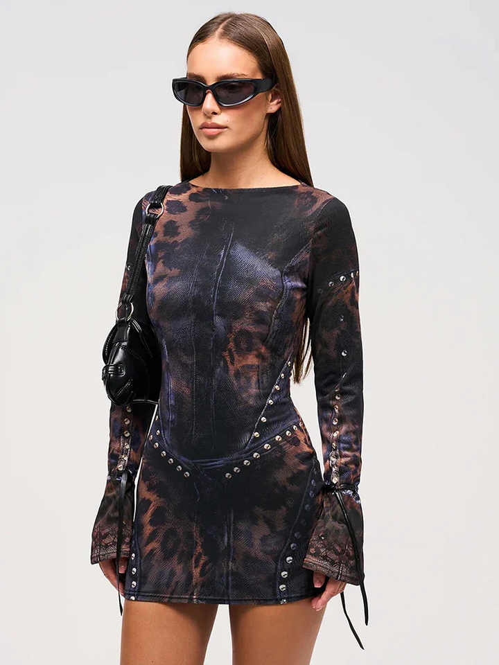 Bodycon women's mini dress with a unique gothic leopard gradient, long sleeves, ideal for bold fashion.