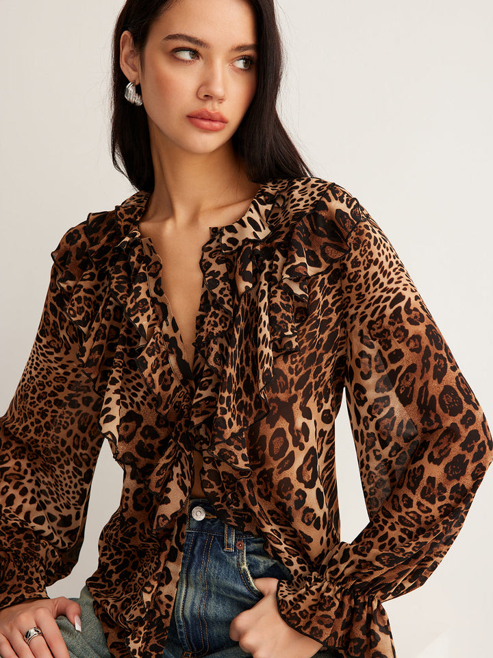 Women's leopard print ruffle neck blouse, sleeveless, ideal for summer casual wear