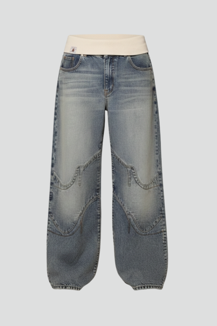 Women's light blue baggy wide-leg denim casual trousers, perfect for summer streetwear.