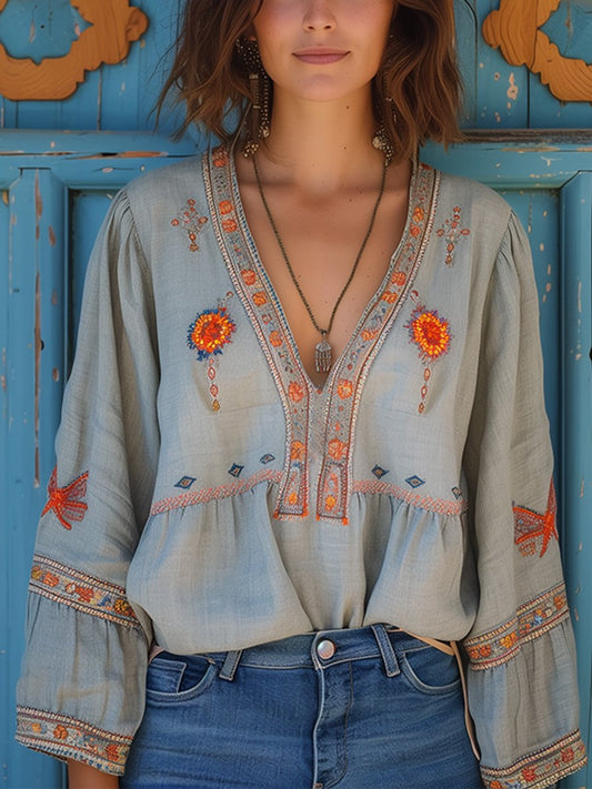 Women's light blue Bohemian embroidered V-neck blouse, chic summer casual top