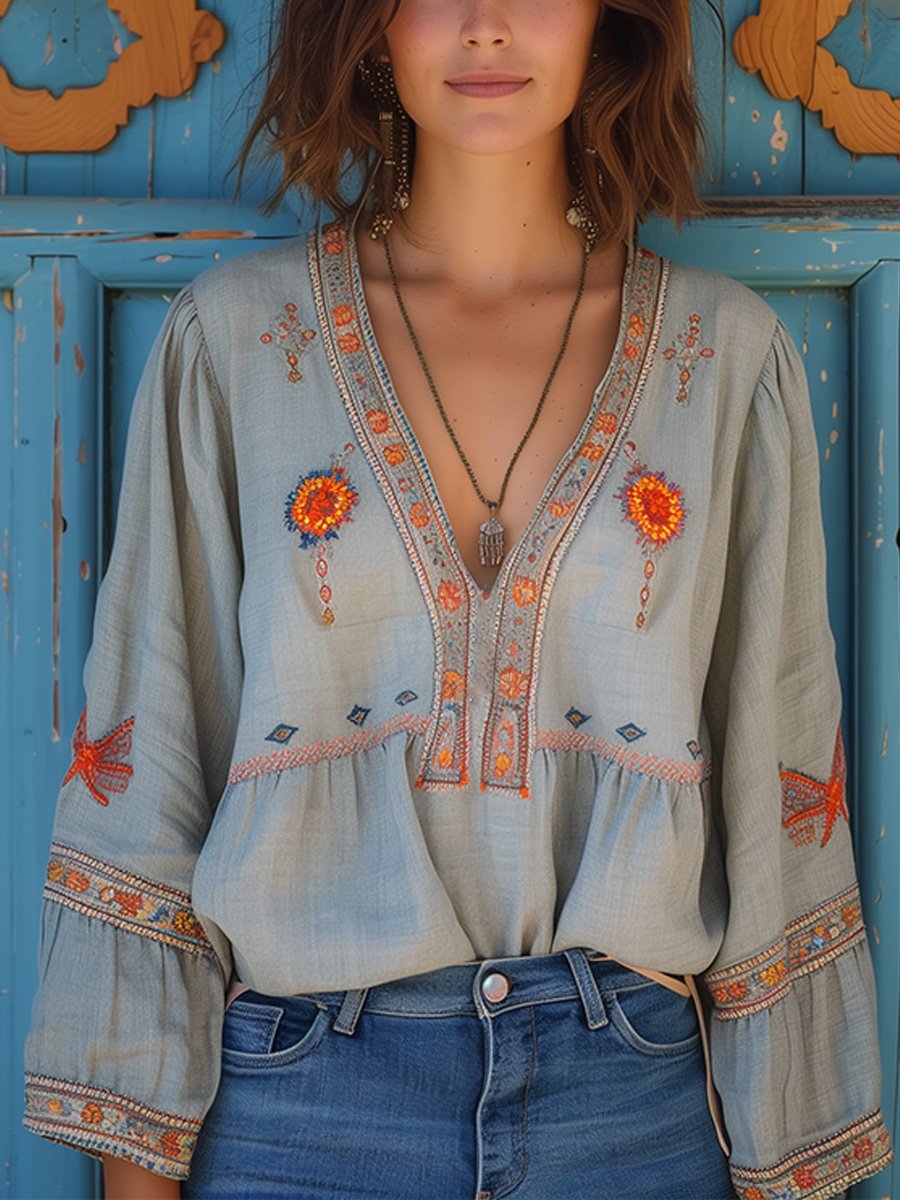 Women's light blue embroidered bohemian summer blouse, loose fit, casual vacation top